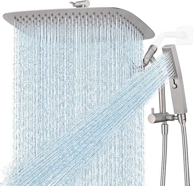 G-Promise 16 Inch All Metal Rain Shower Head with Handheld (Brushed Nickel) | Suits Every Height, Pause Mode Diverter, Massage Mode Handheld, Full Body Coverage, Easy to Install, Modern Bath Upgrade