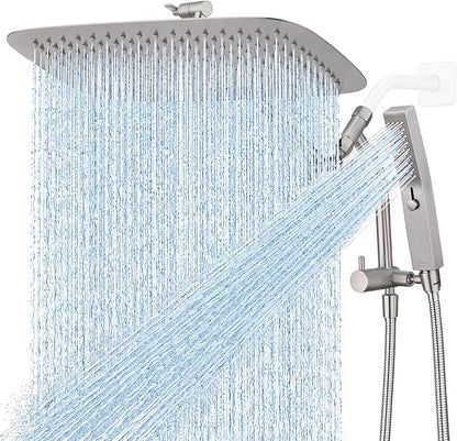 G-Promise 16 Inch All Metal Rain Shower Head with Handheld (Brushed Nickel) | Suits Every Height, Pause Mode Diverter, Massage Mode Handheld, Full Body Coverage, Easy to Install, Modern Bath Upgrade