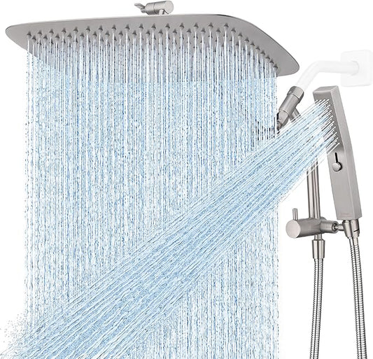 G-Promise 16 Inch All Metal Rain Shower Head with Handheld (Brushed Nickel) | Suits Every Height, Pause Mode Diverter, Massage Mode Handheld, Full Body Coverage, Easy to Install, Modern Bath Upgrade