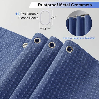 Long Fabric Shower Curtain Set, Waffle Textured Shower Curtain for Bathroom - Weight 230GSM Heavy Duty Hotel Spa Luxury Bath Curtain Set with 12 Plastic Hooks, 72x78, Blue