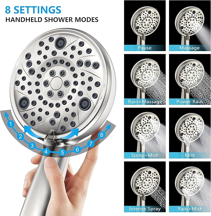 EMBATHER Shower Faucets Sets Complete, with 3 Setting High Pressure Shower Head Combo, Bathroom Wall Mounted Rainfall Shower System Fixtures with 8-Mode Handheld Spray, Brushed Nickel