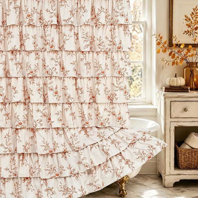 Yinhua Long Fall Ruffle Shower Curtains for Bathroom with Floral, 72"Wx78"L | Orange Floral Print, Ruflle Design, 12 Metal Hooks, Vintage Rustic Washable Waterproof Shower Curtain for Bathroom Bathtub