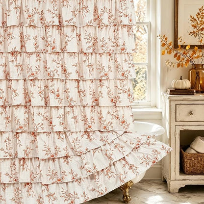 Yinhua Long Fall Ruffle Shower Curtains for Bathroom with Floral, 72"Wx78"L | Orange Floral Print, Ruflle Design, 12 Metal Hooks, Vintage Rustic Washable Waterproof Shower Curtain for Bathroom Bathtub