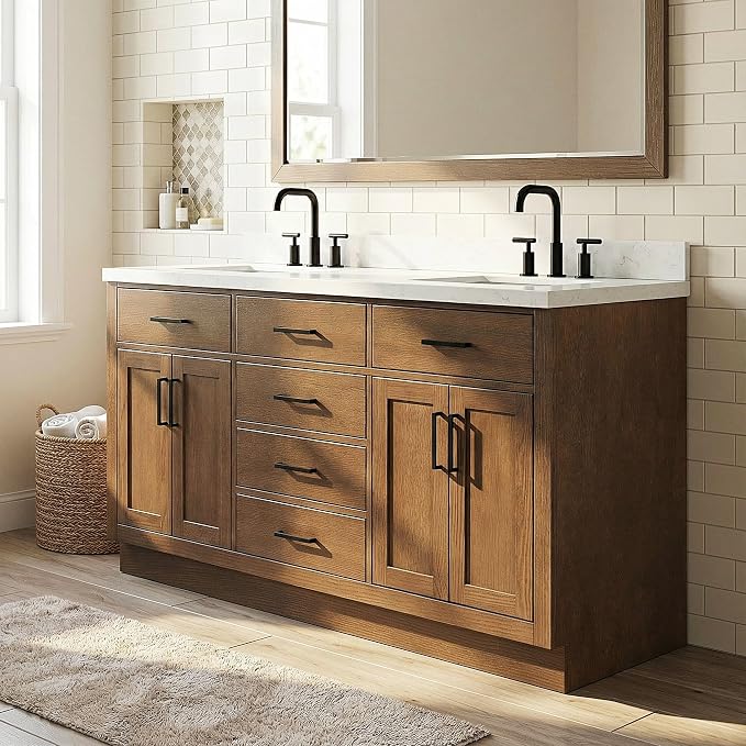 Isabella 66-Inch Brown Oak Double Bathroom Vanity with Sink, 1.5-Inch Edge Carrara White Quartz Countertop & 4" Backsplash, Soft-Closing Doors & Drawers, Solid Oak Wood Construction