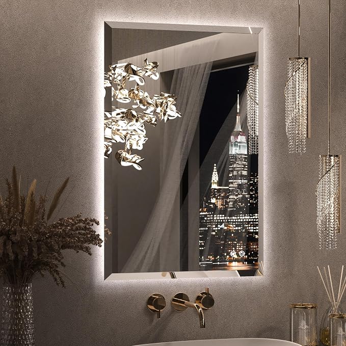 Keonjinn 24" x 36" LED Bathroom Mirror with Backlight, Elegant Beveled Edge | HD Tempered Glass, Dimmable 3 Color Lights, Quick Defogging, Secure French Cleat Installation, Wall Switch/Plug in LED Mirror
