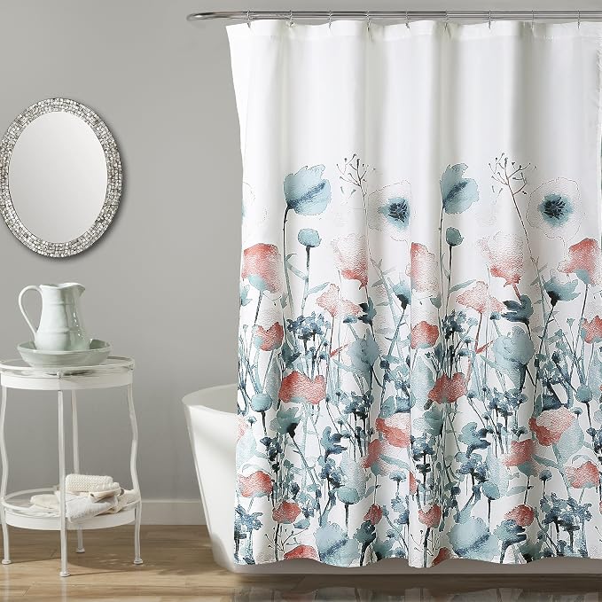 Lush Decor Zuri Flora Shower Curtain Single 72" W x 72" L Blue & Coral - Floral Shower Curtains for Bathroom - Blue Bathroom Curtain - Cottage Decor