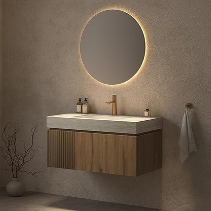 Ambrovina 36 inch Bathroom Vanity with Sink, Wall Mounted Storage Vanities with Drawer and Door, Roma Travertine-Pattern Countertop and Ceramic Basin, Pre-Assembled Cabinet, Light Wooden Color