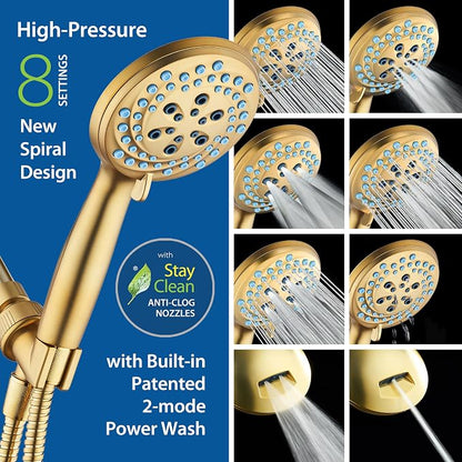 AquaCare New 8-mode High Pressure Handheld Shower Head w/ 2-way Power Wash | Stay Clean Nozzles, Dual Power Wash for Tub, Tile & Pets, Long 6 ft. Stainless Steel Hose, Wall & Overhead Brackets / Gold