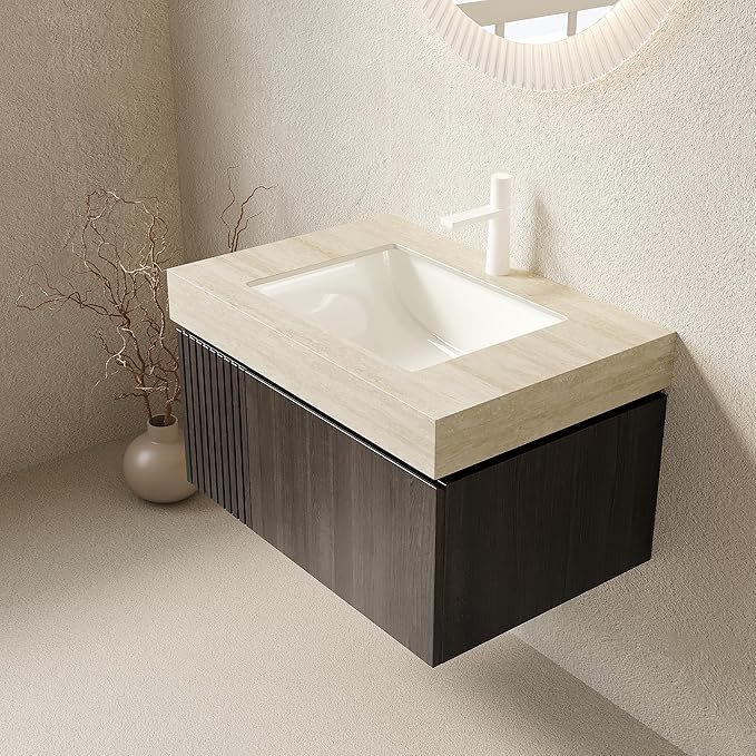 Bathroom Vanity with Sink 30 Inch, Floating Bathroom Vanity Sink Cabinet with Drawer and Door, Undermount Sink & Travertine-Pattern Sintered Stone Top, Pre-Assembled,Espresso
