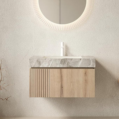 Bathroom Vanity with Sink 30 Inch, Floating Bathroom Vanity Sink Cabinet with Drawer and Door, Undermount Sink & Light Gray Sintered Stone Top, Pre-Assembled, White Oak