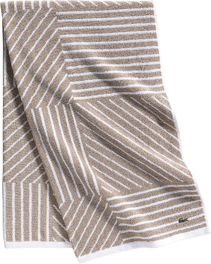 Lacoste Guethary Striped Towel – 100% Cotton, Reversible Modern Geometric Design, Soft & Absorbent, Durable & Lightweight, Machine Washable – Sand, 30"x54" Bath Towel