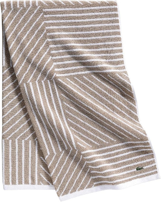 Lacoste Guethary Striped Towel – 100% Cotton, Reversible Modern Geometric Design, Soft & Absorbent, Durable & Lightweight, Machine Washable – Sand, 30"x54" Bath Towel