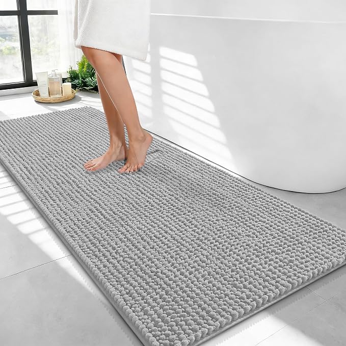 OLANLY Thick Chenille Bathroom Runner Rugs Mats 44x24, Light Grey | Soft Absorbent Bath Rugs, Rubber Backing, Machine Wash Dry, Bath Mats for Bathroom, Tub and Shower, Home Decor Accessories