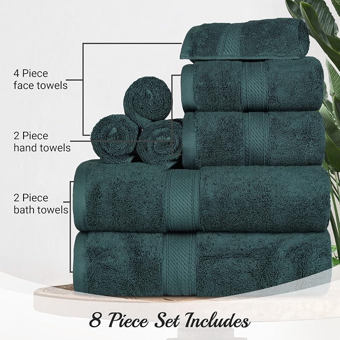 SUPERIOR Egyptian Cotton Ultra Plush & Absorbent, 8 Piece Set, Teal | Quick Dry, Soft Luxury Towel Set, Bath Essentials, Guest Bath, Spa, 2 Bath, 2 Hand, 4 Face Towels, Madeline Towels