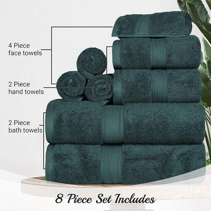 SUPERIOR Egyptian Cotton Ultra Plush & Absorbent, 8 Piece Set, Teal | Quick Dry, Soft Luxury Towel Set, Bath Essentials, Guest Bath, Spa, 2 Bath, 2 Hand, 4 Face Towels, Madeline Towels