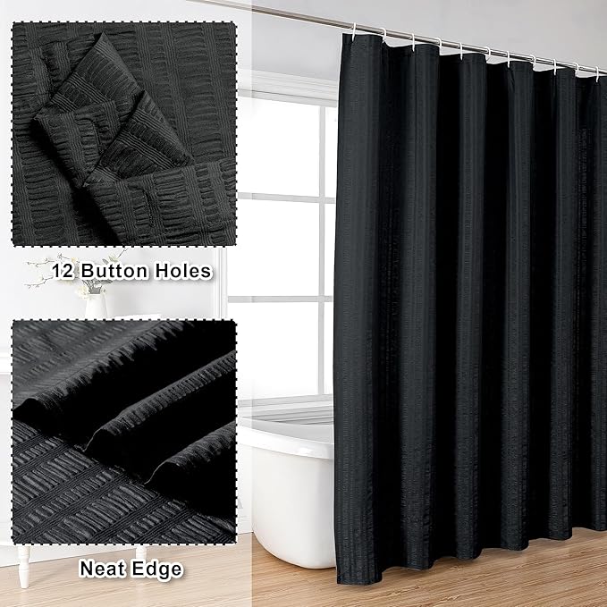 Aiyufeng Moga Black Shower Curtain 84 Inches Long, 3D Embossed Textured Fabric Shower Curtain for Bathroom - Soft Cloth & Hotel Spa Luxury, Machine Washable, 72X84, Black