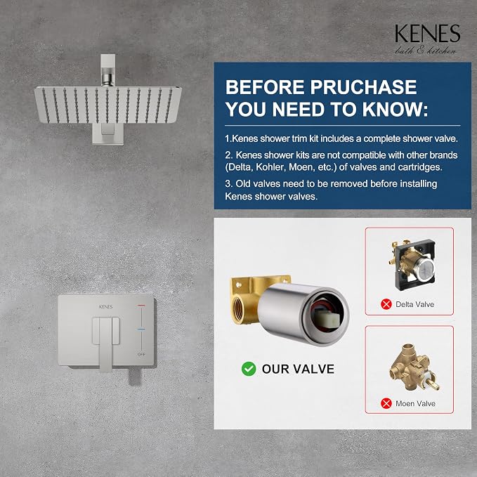 KENES Brushed Nickel Shower Head and Handle Set, Square Shower Faucet Set | Shower Faucet with 10-Inch Rain Shower Head, Square Shower System, Valve Included, Lead-Free cUPC & NSF Certified, Stainless