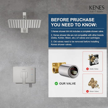 KENES Brushed Nickel Shower Head and Handle Set, Square Shower Faucet Set | Shower Faucet with 10-Inch Rain Shower Head, Square Shower System, Valve Included, Lead-Free cUPC & NSF Certified, Stainless