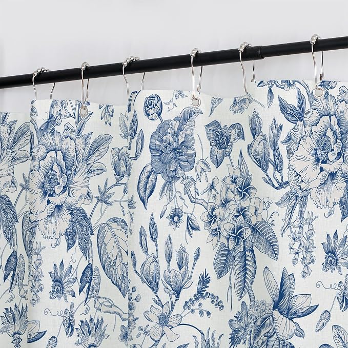 MUGINYU Boho Blue Floral Cotton Shower Curtain for Bathroom - Rustic Farmhouse cottagecore Print Pattern Botanical Boho Shower Curtain Set Aesthetic Chinoiserie Vintage Bathroom Decor