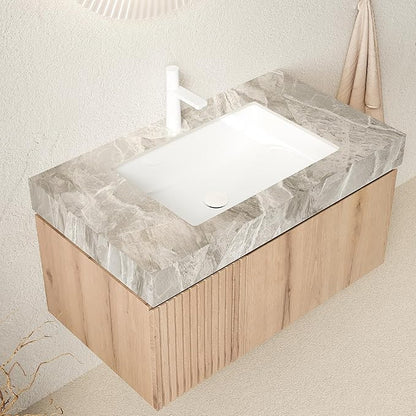 Ambrovina 36" Floating Bathroom Vanity with Sink, Modern Plywood Bathroom Storage Cabinet with Drawer and Door, Gray Sintered Stone Countertop and White Ceramic Basin, Pre-Assembled, Light Oak