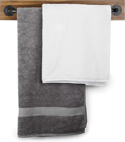 MyGift Industrial Pipe Towel Bar, 28 Inch Bathroom Wall Mounted Towel Holder with Metal Rod Rustic Burnt Wood Bathroom Sets, Farmhouse Towel Holder