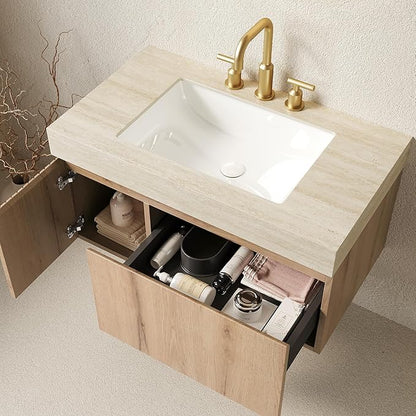 KEIKI 36 Inch Floating Bathroom Vanity with Sink, Modern Wall Mounted Storage Cabinet with Drawer, Pre-assembled Waterproof Wood Panels, Sintered Stone Top & Ceramic Basin Combo Set, White Oak & Beige