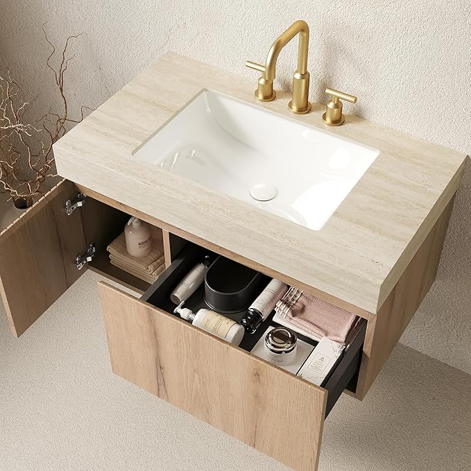 Ambrovina 36" Floating Bathroom Vanity with Sink, Wall Mounted Storage Vanities with Drawer and Door, Roma Travertine-Pattern Countertop and 3 Pre-drilled Faucet Holes Ceramic Basin, Light Oak