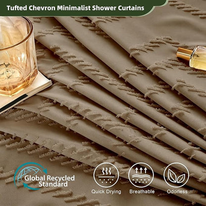Siiluminisoy Boho Farmhouse Shower Curtain Woven Fabric Khaki Shower Curtain, 72 x 72 Tufted Chevron Textured Striped Modern Farmhouse Minimalist Shower Curtain for Bathroom