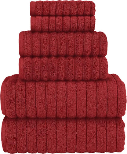 Elegant Comfort 100% Turkish Cotton Corduroy Ribbed Luxury Bath Towels 6-Piece Set, Premium Feel - Quick Dry, Highly Absorbent, Contains 2 Bath Towels, 2 Hand Towels, and 2 Washcloths, Burgundy