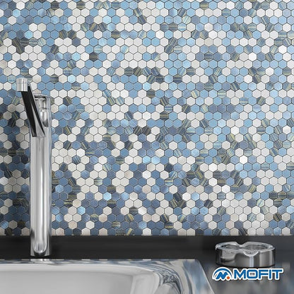 Stripe Hexagon Backsplash Tile Peel and Stick Blue 10pcs