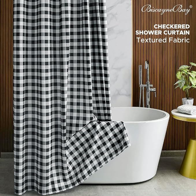 Fabric Shower Curtain-Black & White Farmhouse Shower Curtains for Bathroom | 72"Wx84"L Gingham Buffalo Plaid Neutral Extra Long Bath Curtain Decor-Hotel Quality Checkered Geometric Linen Cloth Washable