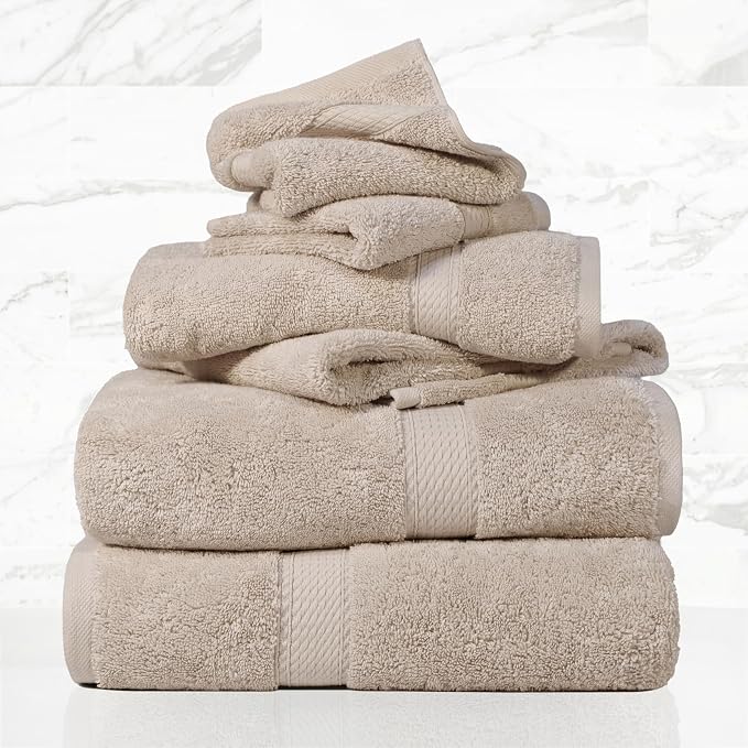 SUPERIOR Egyptian Cotton Ultra Plush & Absorbent, 6 Piece Set, Stone | Quick Dry, Soft Luxury Towel Set, Bath Essentials, Guest Bath, Spa, 2 Bath, 2 Hand, 2 Face Towels, Madeline Towels