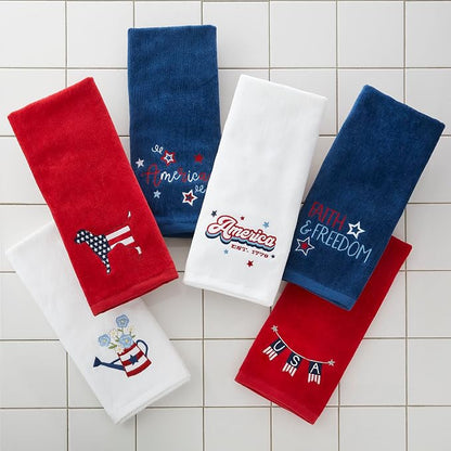 SKL Home Americana Script Hand Towel Set-2pc, Embroidered, Navy | 100% Cotton. Fun for Memorial Day, 4th of July, Labor Day & all patriotic holidays. For use in the bathroom, kitchen or bar.