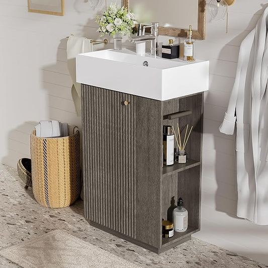 Merax Bathroom Vanity, Undermount Sinks Vanity with Side Storage, Floor Standing Bathroom Storage Cabinet Combo Set, Small Bathroom Sink Vanity, Dark Grey