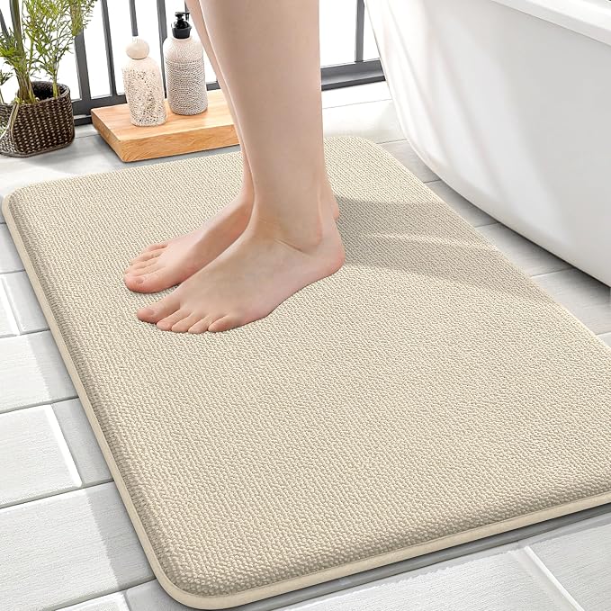 OLANLY Thick Memory Foam Small Bathroom Rug 24x16, Absorbent Bath Mat, Sand | Soft Quick Dry Bath Rugs, Non-Slip Carpet, Machine Washable Mat for Bathroom Floor, Tub and Shower, Home Decor Accessories