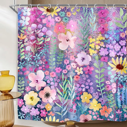 Purple Floral Boho Cute Wildflower Watercolor Bathroom Shower Curtain Set | 72"W x 72"H Leaves Botanical; waterproof HD print, quick-dry fabric with 12 hooks for easy hanging.