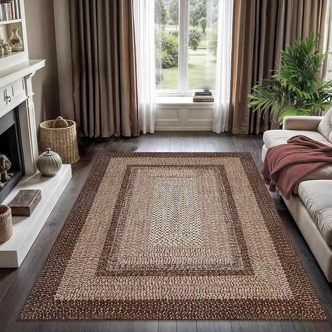 Printed Living Room Rug 3x5 Washable Rug for Bedroom Modern Farmhouse Braid Look Non Slip Small Area Rug Soft Low Pile Stain Resistant Carpet for Office Nursery Dining Room 3'x5'