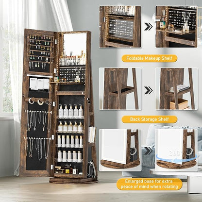 Mirror Jewelry Cabinet Standing, Jewelry Armoire | with Full-Length LED Mirror and Adjustable Lights, 360° Swivel Jewelry Organizer Storage