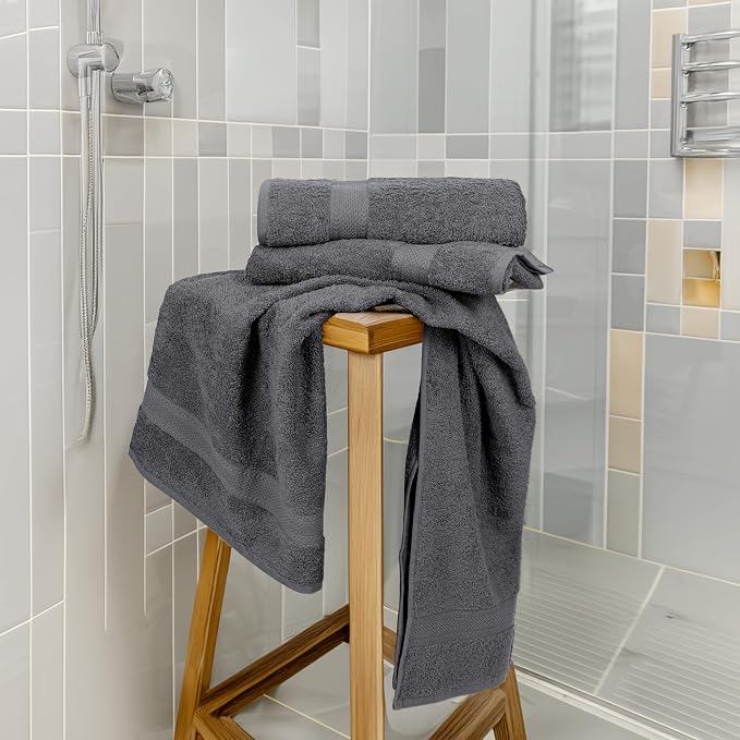 Medium Size Bath Towels Set of 6 – 100% Cotton Terry – 24" x 48" – Quick Dry, Soft & Highly Absorbent – Grey Towels for Bathroom, Gym, Spa, Pool & Daily Use