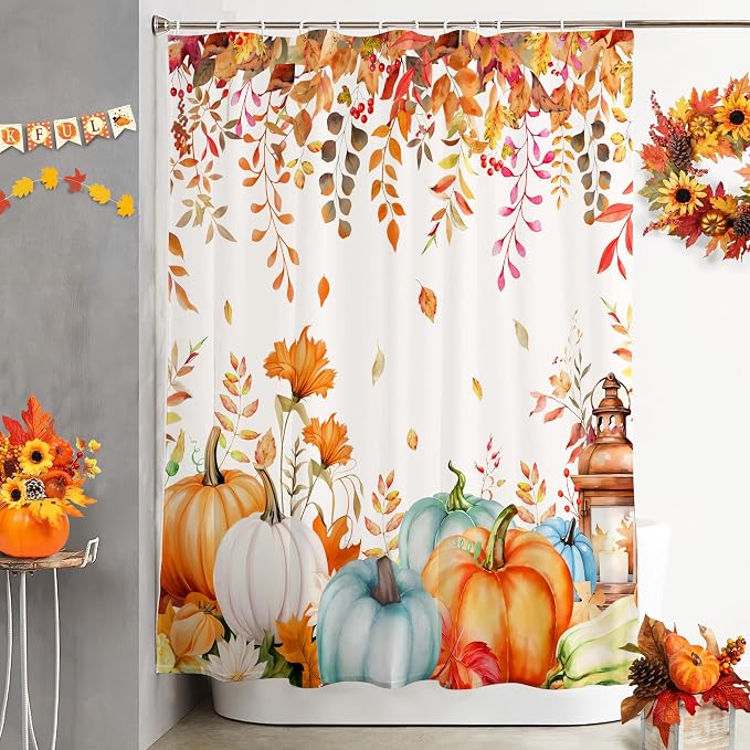 Fall Shower Curtain Set Autumn Pumpkin Eucalyptus Leaves Shower Curtains Rustic Waterproof Fabric Bath Curtains with 12 Hooks for Fall Home Bathroom Decor, 72 x 72 Inches