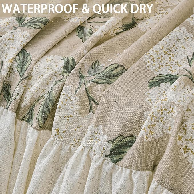 ORTIGIA Linen Textured Ruffle Shower Curtain with Metal Hooks, Off-White Cream Floral Hydrangea Waterproof Bath Curtain for Rustic Farmhouse Bathroom Decor 72x72 Inch