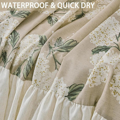 ORTIGIA Linen Textured Ruffle Shower Curtain with Metal Hooks, Off-White Cream Floral Hydrangea Waterproof Bath Curtain for Rustic Farmhouse Bathroom Decor 72x72 Inch
