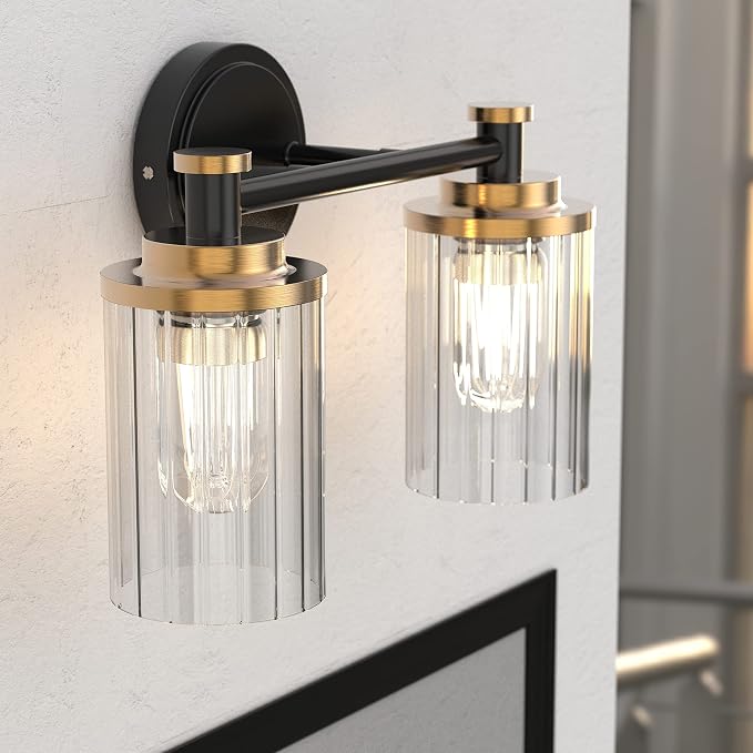 Bathroom Lighting Fixtures Black and Brass Bathroom Vanity Light with Cylindrical Clear Stripes Glass Lampshade E26 Socket Base Bathroom Lighting Fixtures Over Mirror (2 Lights)
