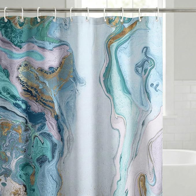 Americanflat 71x74 Marble Shower Curtain - Water-Resistant Long Shower Curtain with Durable Metal Grommets and 12 Hooks - 100% Polyester - Turquoise, Light Blue, Navy Blue, White and Gold