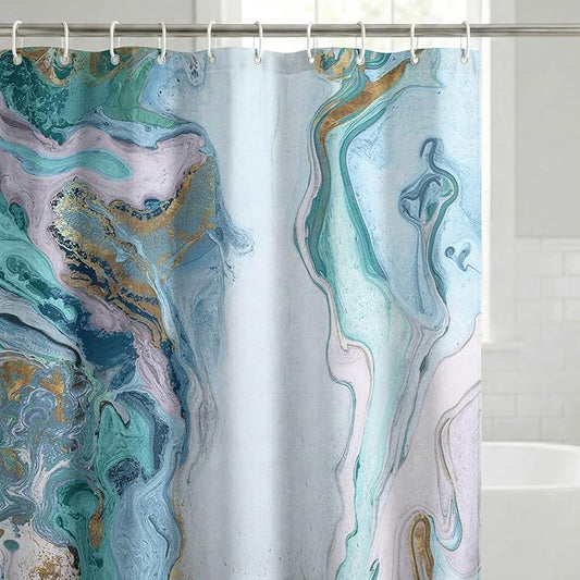 Americanflat 71x74 Marble Shower Curtain - Water-Resistant Long Shower Curtain with Durable Metal Grommets and 12 Hooks - 100% Polyester - Turquoise, Light Blue, Navy Blue, White and Gold