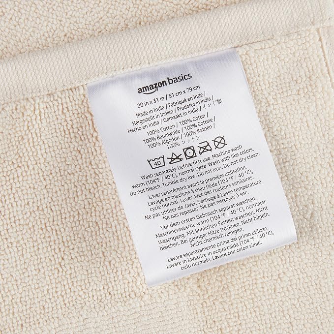 Amazon Basics Banded Bathroom Bath Rug Mat, Machine Washable, Super Absorbent, 100% Cotton, 20" W x 31" L, Cream (Pack of 2)