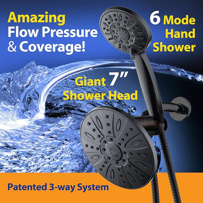 AquaDance 7" Premium High Pressure 3-way Rain & Handheld Shower Head Combo | Enjoy Luxury 7-inch Showerhead & 6-mode Hand Shower Separately or Together! Premium Stainless Steel Hose - Black