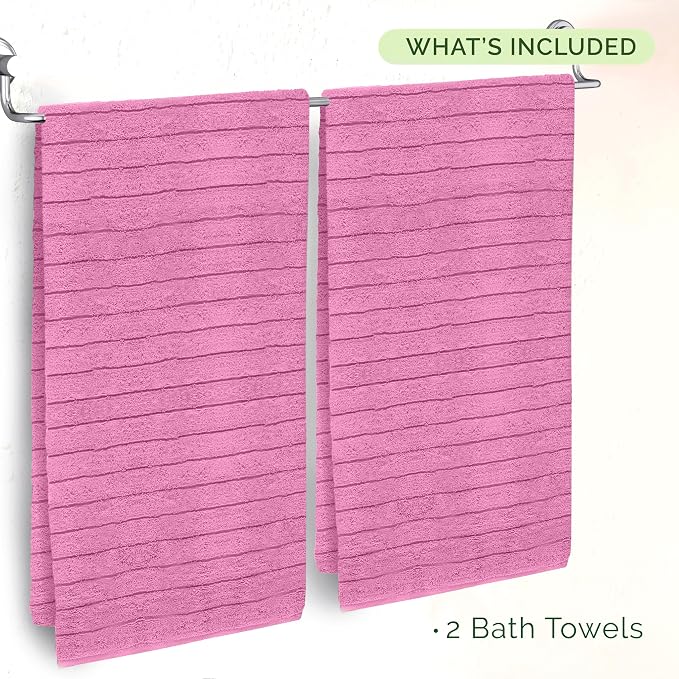 Elegant Comfort 100% Turkish Cotton Corduroy Ribbed Luxury Soft 2 Pack Bath Towels 27 x 54 Inch - Ultra Plush, Absorbent, Quick Dry, Hotel Spa Quality Towels for Bathroom Essentials, Light Pink