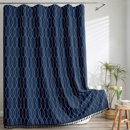 OVZME Navy Blue Shower Curtain for Bathroom, Puff Printed Textured Shower Curtain with Tassels, Rustic Geometry Heavy Duty Vintage Country Bathroom Curtain, Water Resistant Fabric, 72Wx72L Inches