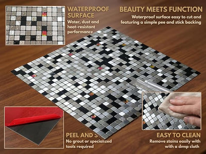 10 Pcs Peel and Stick Backsplash Mosaic Tiles, Self-Adhesive Wall Tile, Waterproof Oil Proof Stick On Tile for Kitchen, Bathroom Vanity, Fireplace & Laundry Room Decor (Mixed Dark&Silver)